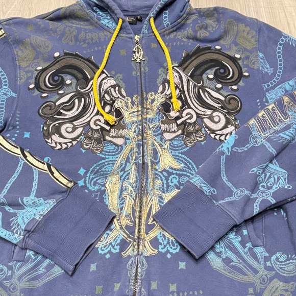 Christian Audigier Ed Hardy Zip Hoodie Skull Graphic Blue Gold Men's Large USA - Picture 2 of 7